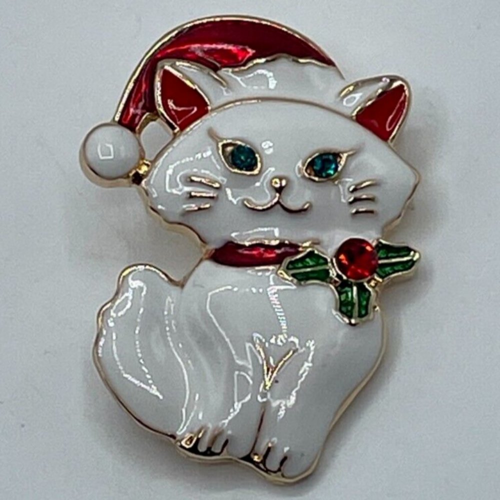 5/$20 Christmas Cat Brooch Holiday Cat Pin with Santa Hat & Rhinestones